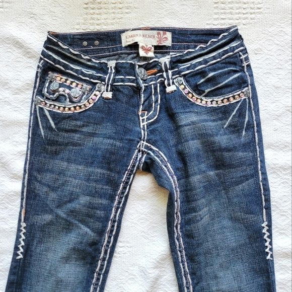Laguna Beach Embellished Low Rise Straight Skinny Jewel Studded Jeans - Picture 4 of 13